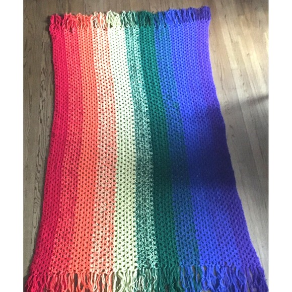 Handmade Crochet Rainbow Afghan Blanket Throw Fringe Edge 54W x 84L - Picture 3 of 12